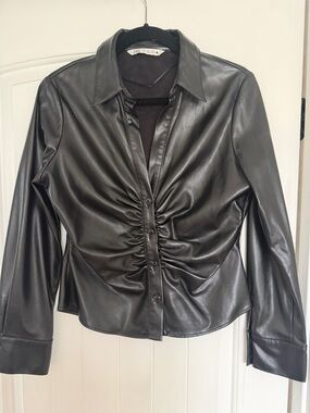 Zara Black Faux Leather Ruched Button-Front Jacket size L NWOT